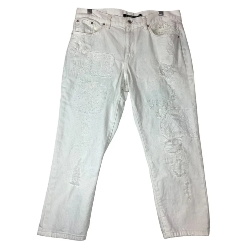 Lauren Ralph Lauren Pants Womens 12P White Cropped Distressed Embroidered Eyelet